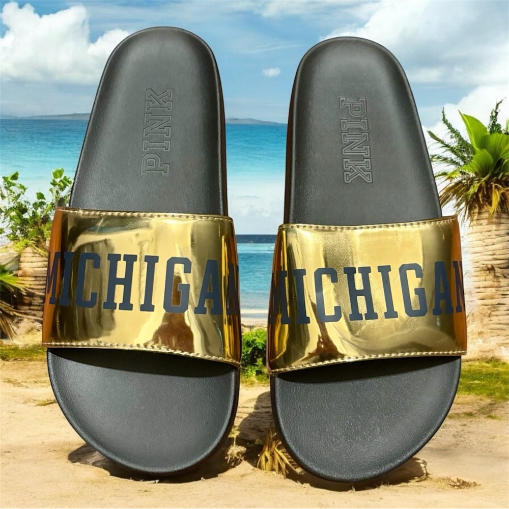 NEW VICTORIAS SECRET PINK “MICHIGAN” GOLD SLIDES /FLIP FLOPS Size 7 (EU 37/38)